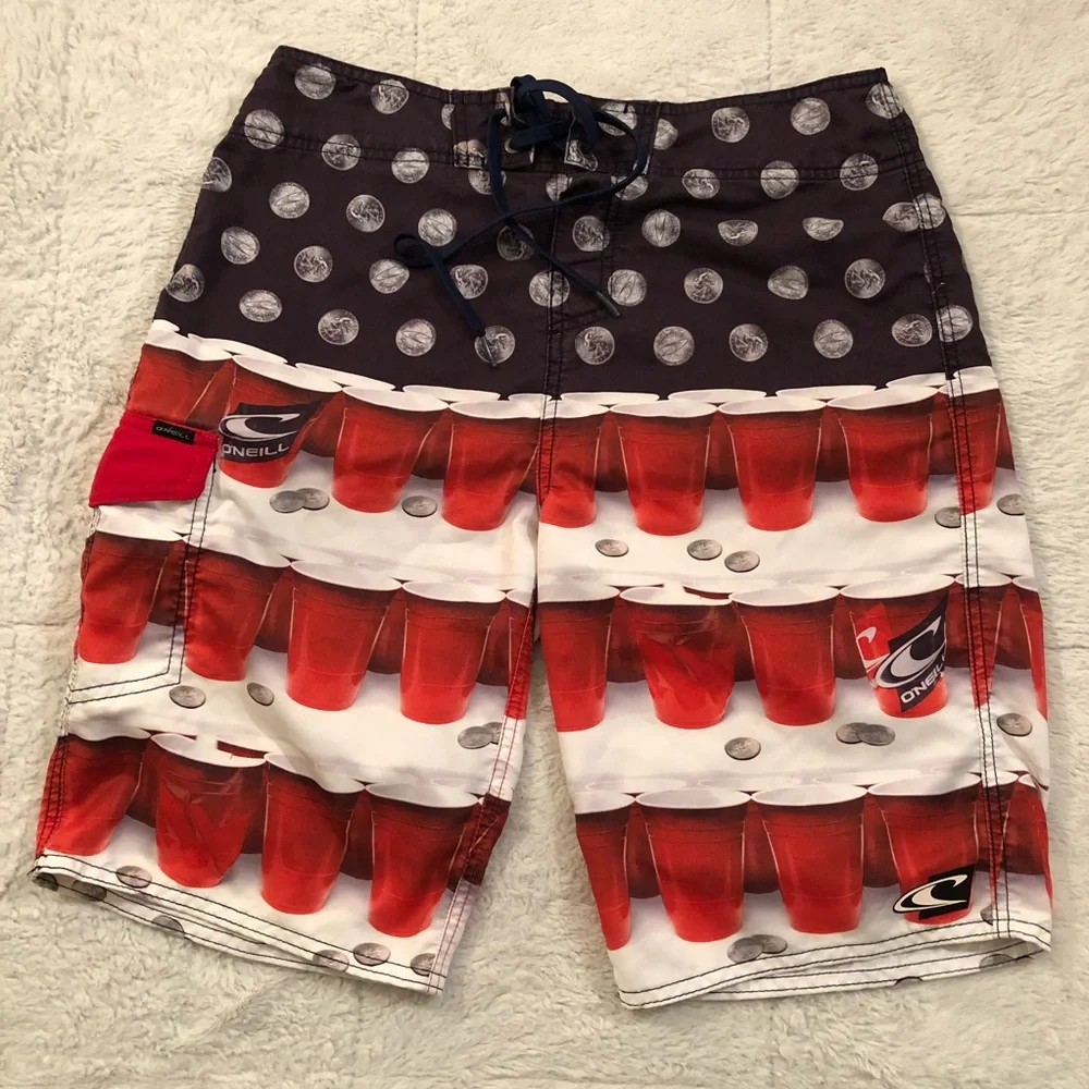 O’Neill Patriotic Flip Cup Red Solo Cup & Quarters Board Shorts SwimWear Mens 30